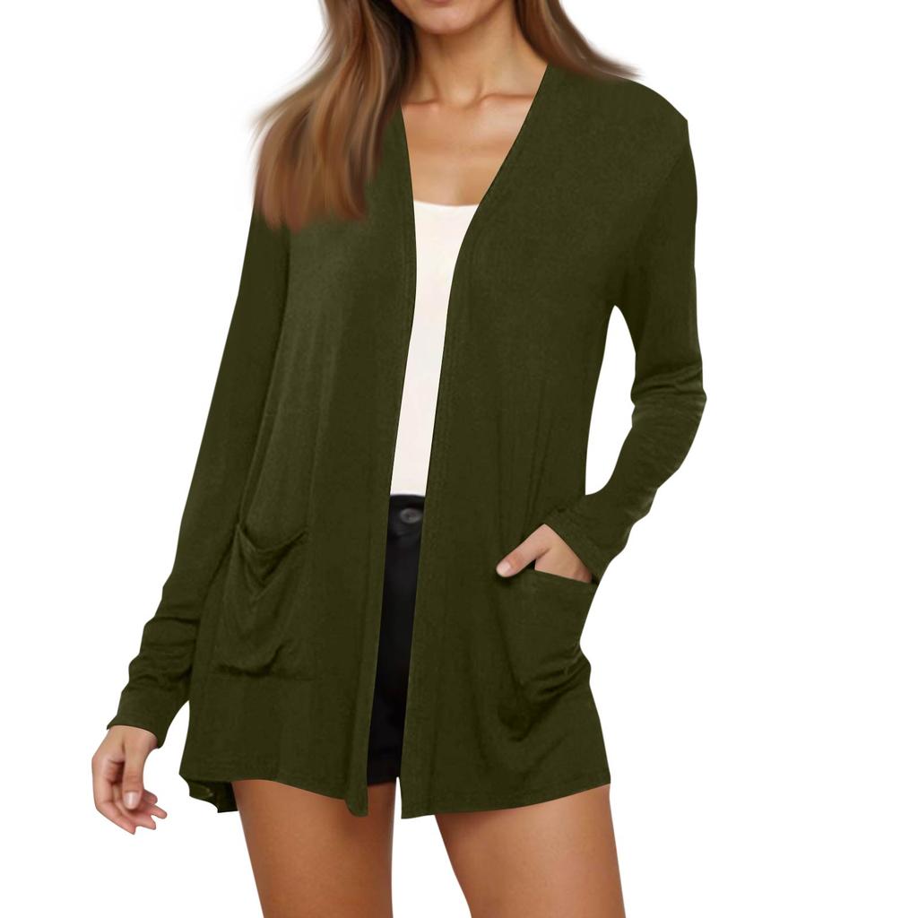 Women's Fashion Solid-Colour Long-Sleeved Pocketed Slim-Fit Cardigan Jacket