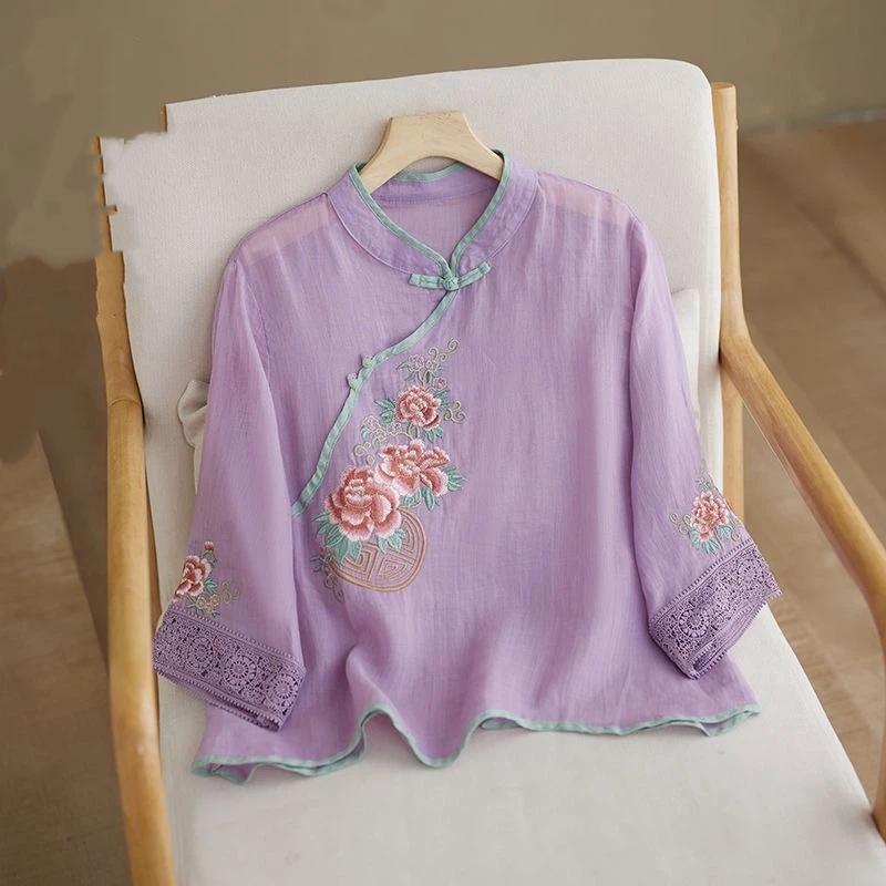 Women Chinese Style Floral Embroidered Mandarin Collar Three Quarter Sleeve Linen Cotton Blend Blouse