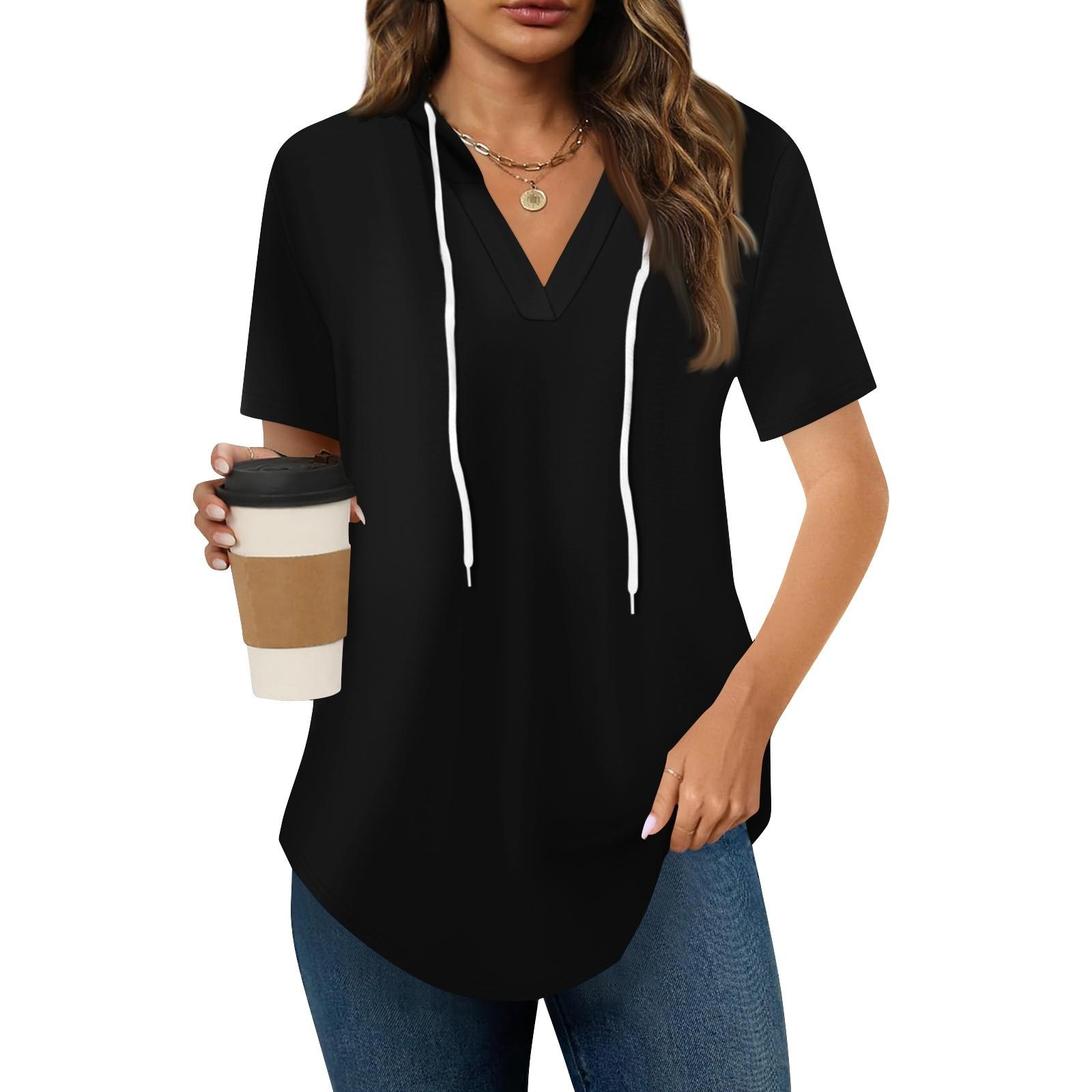 

Жіночі літні футболки з V-подібним вирізом, худі з коротким рукавом, туніки, топи, повсякденні вільні туніки, світшоти XXL чорний