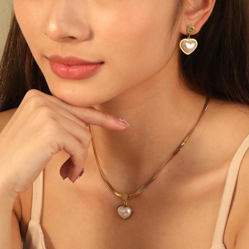 LUXUSTEEL Heart Shaped Pendants Necklace Earring Sets Imitaiton Zircon For Women Girl Stainless Steel Chain Necklace Zircon Gift