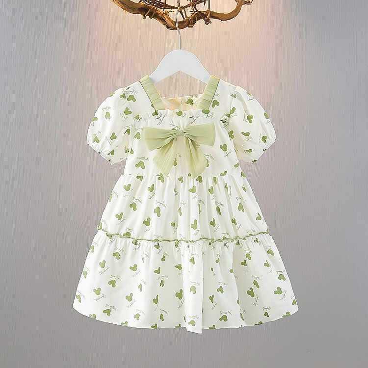 Summer Girls Short Sleeve Dress With Bow Tie Cute Princess Dress For Toddler And Little Kids Fashionable Baby Girl Clothing