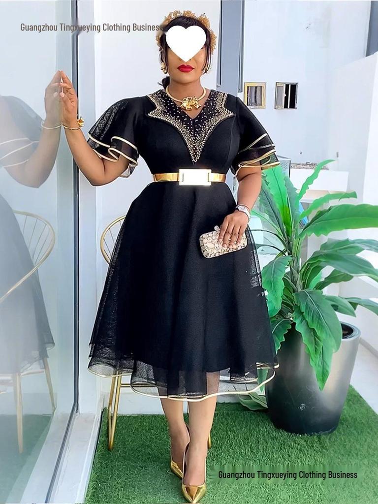 Plus Size V-neck African Women’s Bodycon Dress with Beaded Belt