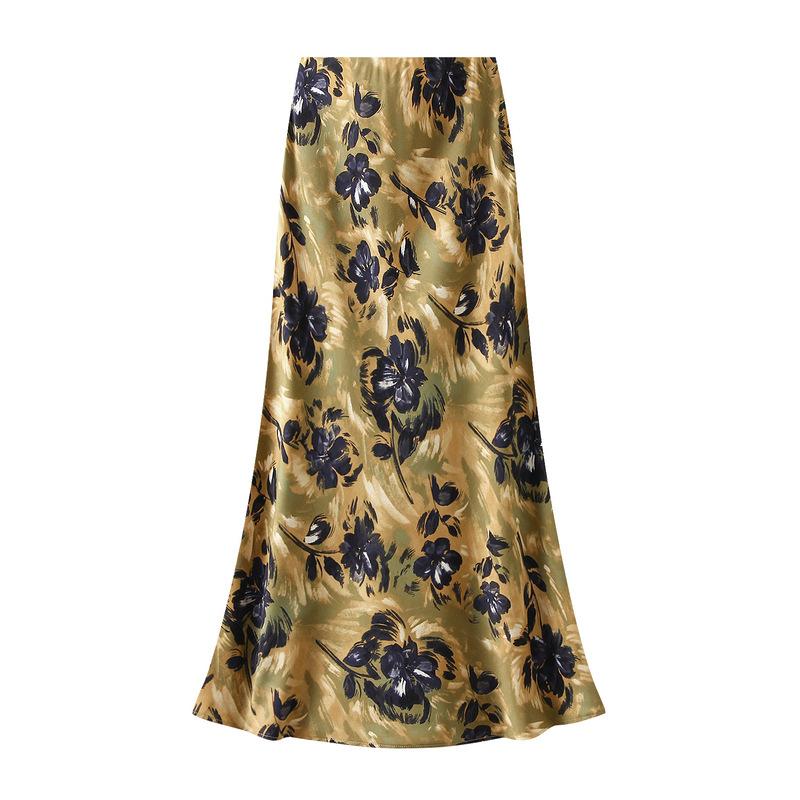 

Qooth Maxi Skirt A Line Fishtail Hem with Floral Print Elegant Elastic Waist QT2760 M чёрный/жёлтый