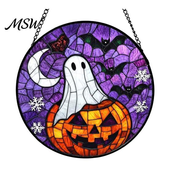 Sunproof Courtyard Decorations Halloween Stained Glass Suncatcher Ornament, Vintage Hanging Window Decor with Pumpkin Ghost Bat Witch Retro Dark Style