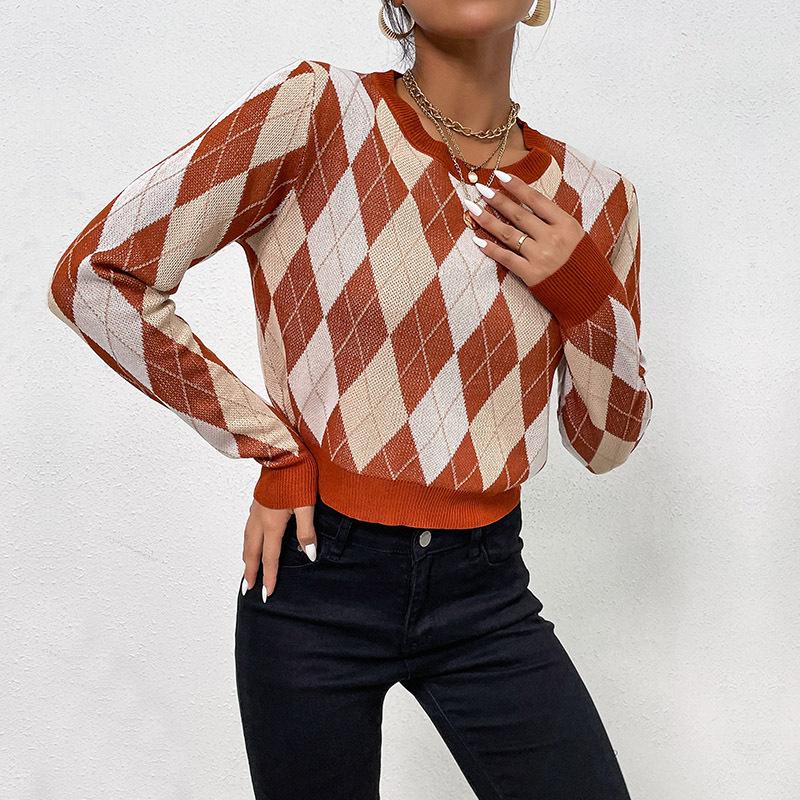 

Женская одежда Модные повседневные топы Рубашки Винтажная мода Элегантные повседневные осенне-зимние женские свитера с длинными рукавами и короткими секциями в ромбовидном стиле L