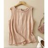 Womens Beige Linen Blend Sleeveless Top Casual Round Neck Crinkled Tank Blouse