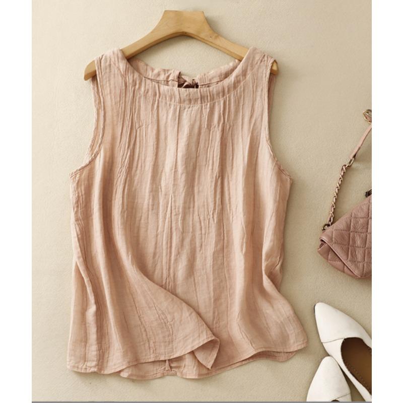 

Womens Beige Linen Blend Sleeveless Top Casual Round Neck Crinkled Tank Blouse M розовый