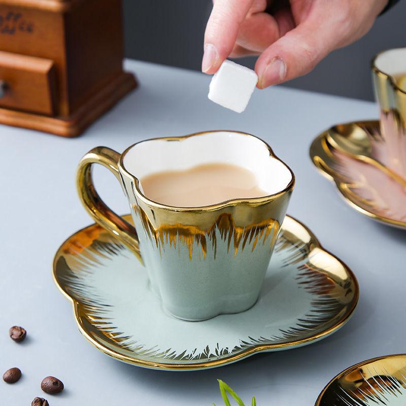Creative Flower Shape Tracing Gold Coffee Cup Plate Two Piece Set Mug Water Cup Coffee Cup Milk Cup Breakfast Cup Afternoon Tea