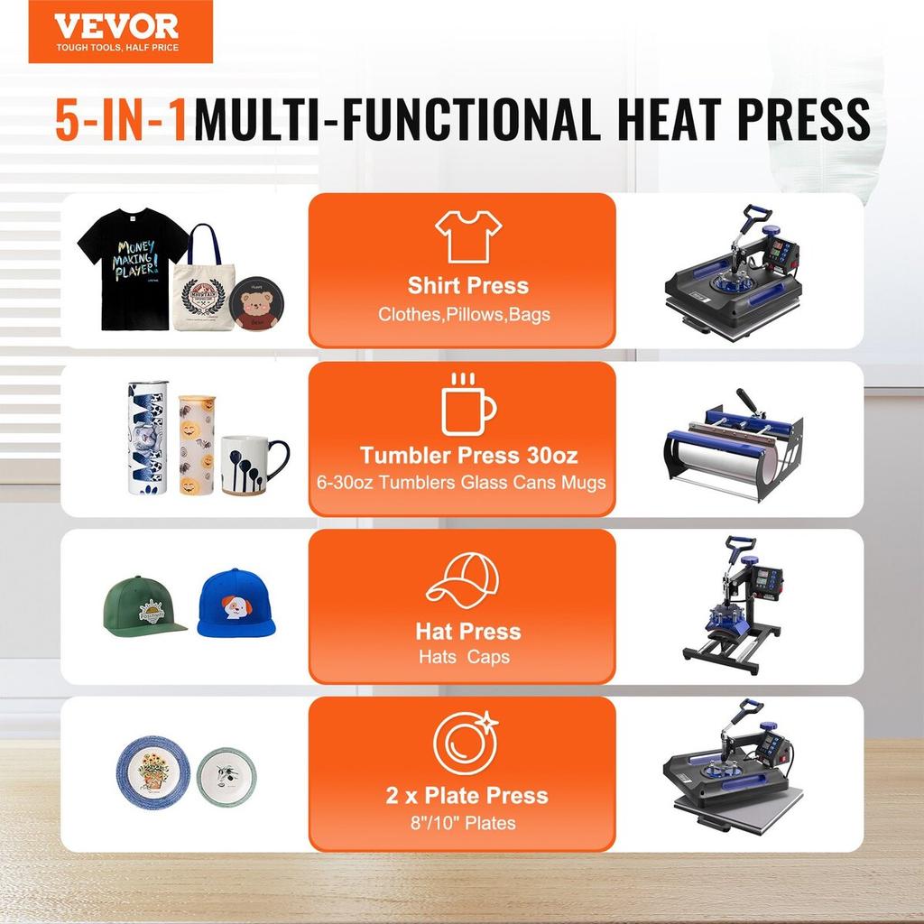 8 In 1 Heat Press Machine 15x15 In 30oz Tumbler Press T-Shirts Black+Blue