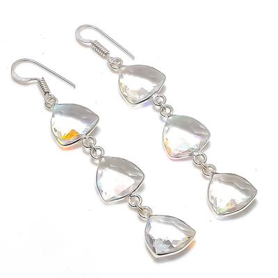 Natural White Topaz Gemstone Handmade 925 Sterling Silver Earring 2.76" k4V67