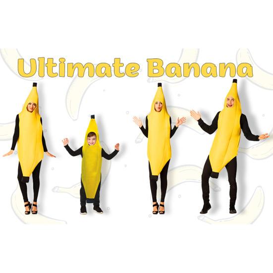Gelbes Bananenkostüm Kinder Erwachsene Ärmelloser Jumpsuit Bananen-Outfit Weihnachten Halloween Cosplay Ausgefallenes Party-Verkleiden Fruchtkleidung