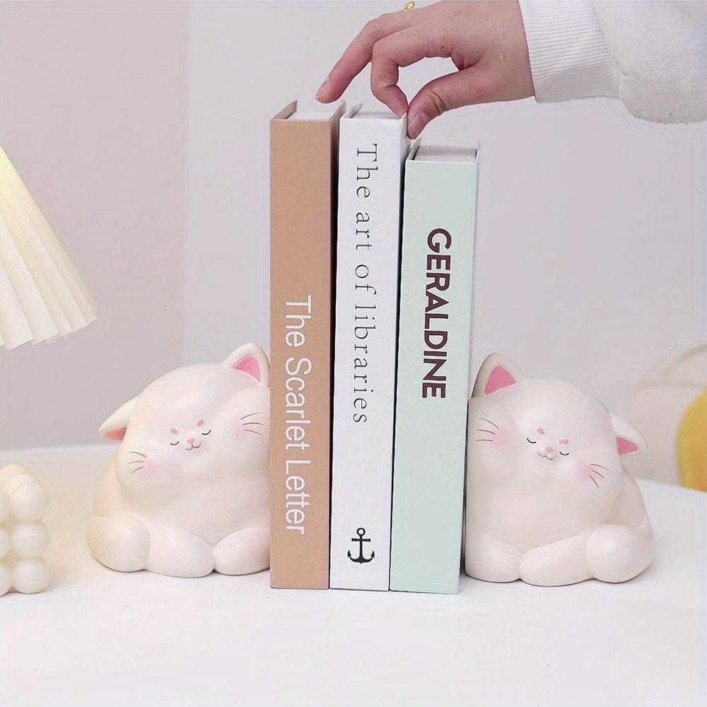 1pair/2pcs of super cute light luxury cream style cat face resin decorative bookends, heavy duty non slip bookends, for book magazine organization,
