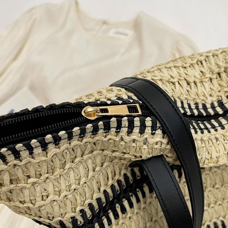Contrast Color Tote Bag Women's Large Capacity Shoulder Bag Beach Straw Woven Bag