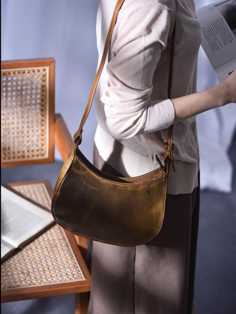 Johnature Vintage ručně vyráběná taška na sedlo z pravé kůže Módní taška do podpaží Univerzální dámské kabelky přes rameno a crossbody