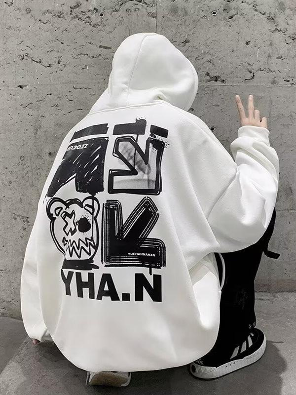 Men's Heavyweight Hooded Sweatshirt - Trendy Autumn/Winter High Street Style, Loose Fit, Velvet Lined.