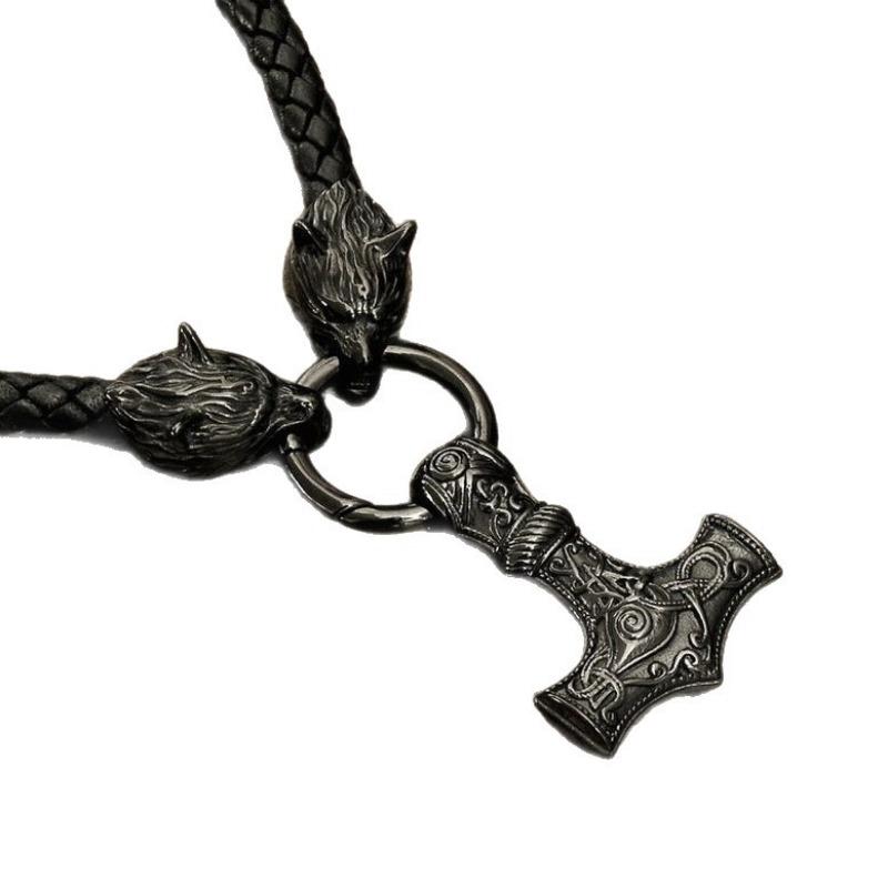 Nordische Wikinger Lederkette mit Hammer Keltischer Wolfskopf Halskette Herren Lange Schmuck