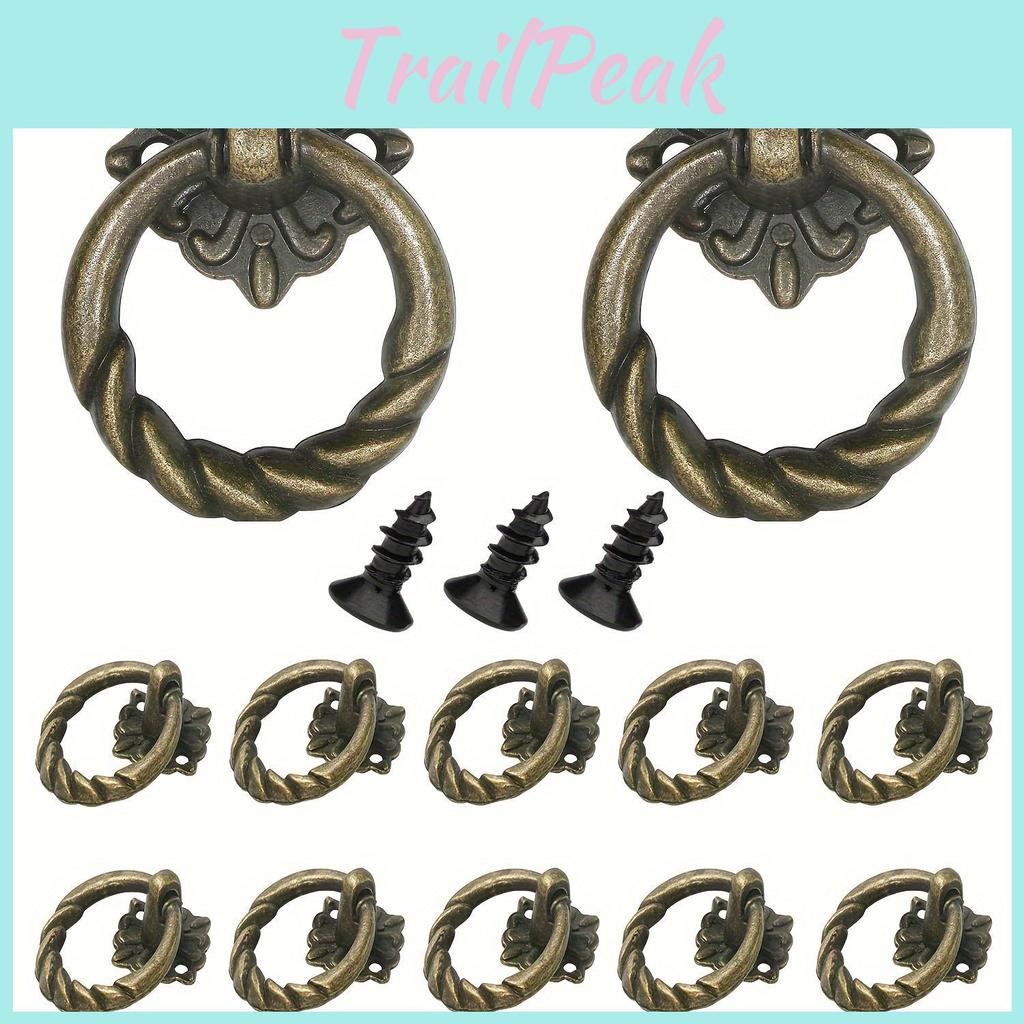 12 Bronze Pcs Hanging Flower Ring Drawer Pulls Compact Vintage Cabinet Ring Knobs European Round Furniture Pulls Metal Drawer Ring Knobs