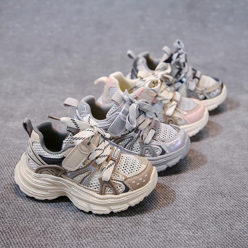 Boys Running Shoes Mesh Breathable Girls Sneakers Thick Soft Sole Comfort 2025 New Children Sports Shoes Hook&loop Non-slip