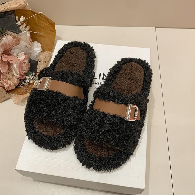 Muffin Thick-soled Wool Slippers Women's Wear 2025 Autumn and Winter New Internet Celebrity Versatile Lamb Curly Wool One-word Cotton Slippers