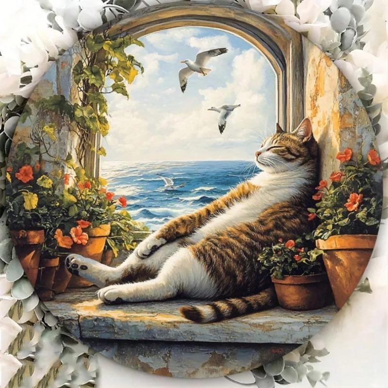 Vintage Cat Metal Wall Art 8 Inch Round Aluminum Sign Decor for Home Cafe