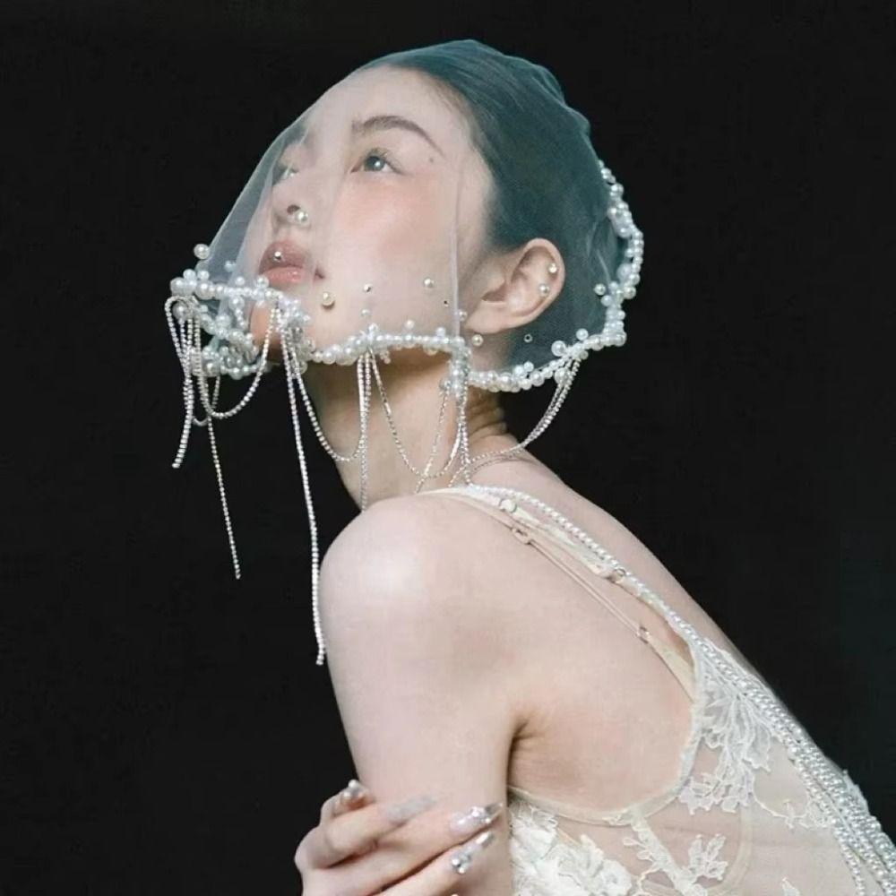 Tassels Wedding Veils Pearls Beads Bride Head Gauze Elegant Brides Veil Bride Jewelry