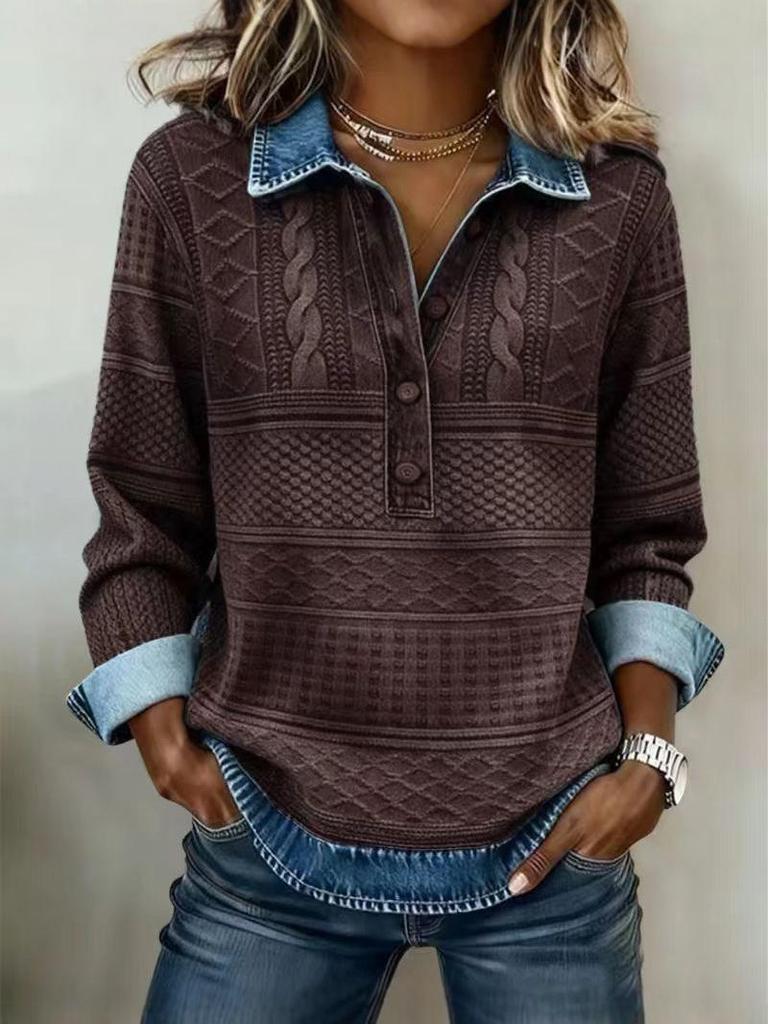 2025 European Style Knit Lapel Long Sleeve Women's Shirt: Autumn Winter Versatile Casual with Patchwork Denim