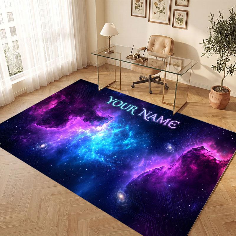 Space Cosmic Theme Crystal Velvet Floor Rug Personalized Custom Name Text Warm Carpet Home Decoration
