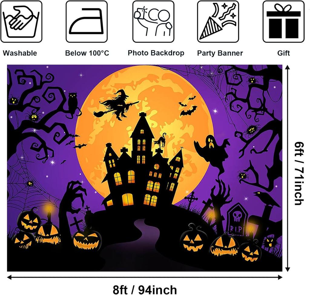 Avezano Halloween Backdrop Horror Moon Night Halloween Backgrounds for Parties Haunted Castle Scary Party Decoration, Orange 7 x