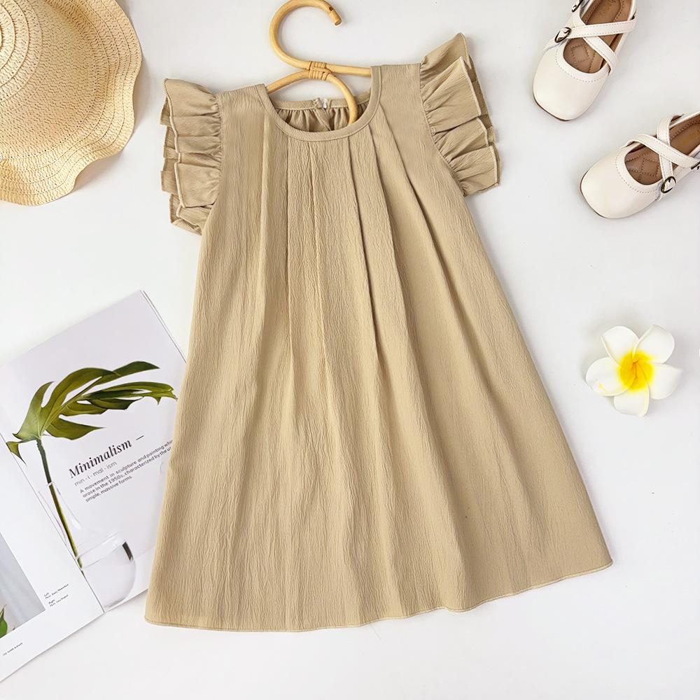 Girls' Small Flying Sleeve Dress 2026 Summer New Style Girls Solid Color Fungus Edge Skirt