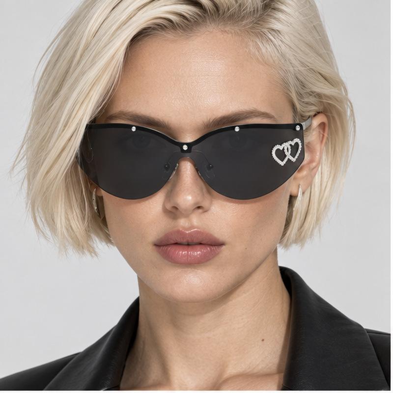 Personalized curved lenses, one-piece frameless elegant sunglasses, women's high-end double heart-shaped decorative sunglasses