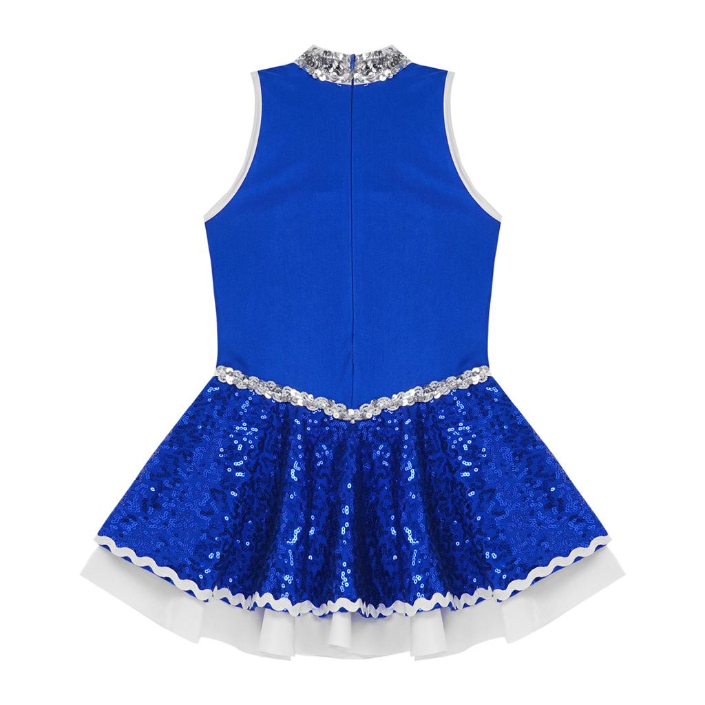 Girls Cheerleading Costume Shiny Sequins Dress Sleeveless Round Neck with Invisible Back Zipper for Dance