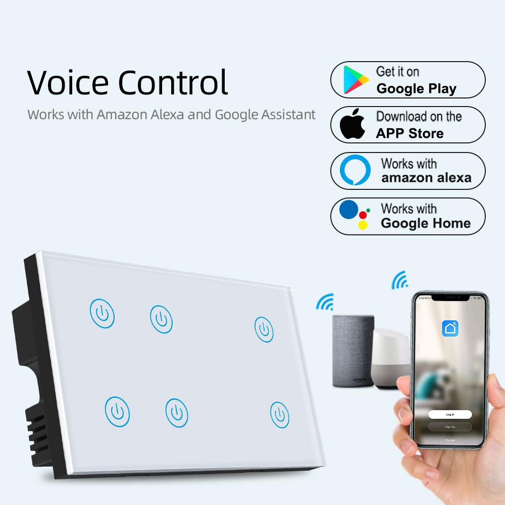 Tuya App Smart Switch 6 8 Gang Wall Light Switch Alexa Google Assistant ABS Material Max. 10A Current WIFI Network UK Standard