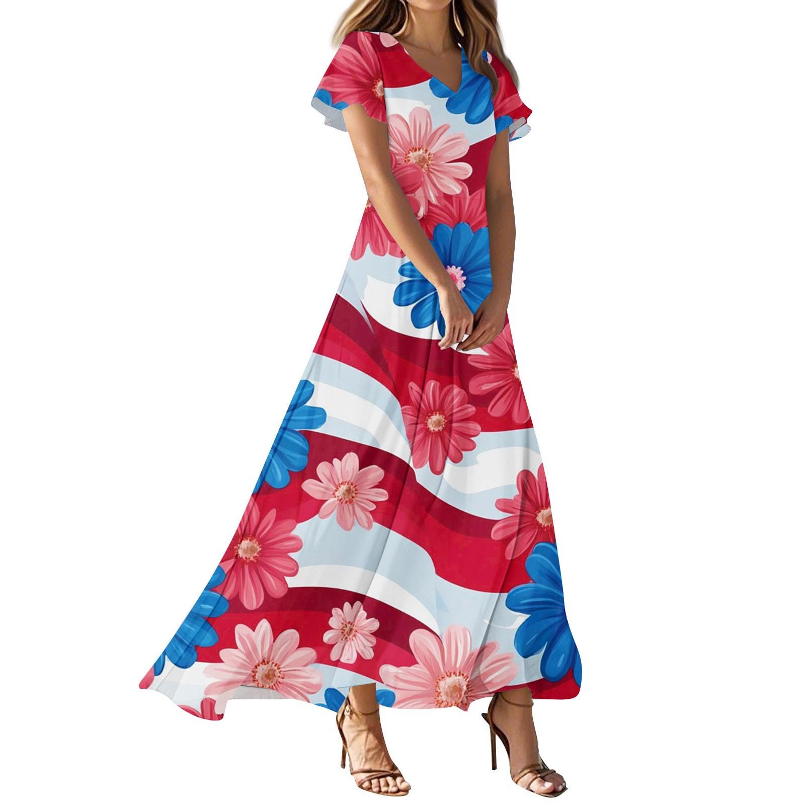 

Женские повседневные модные платья с принтом ко Дню независимости, платья с коротким рукавом и V-образным вырезом XS киноварь