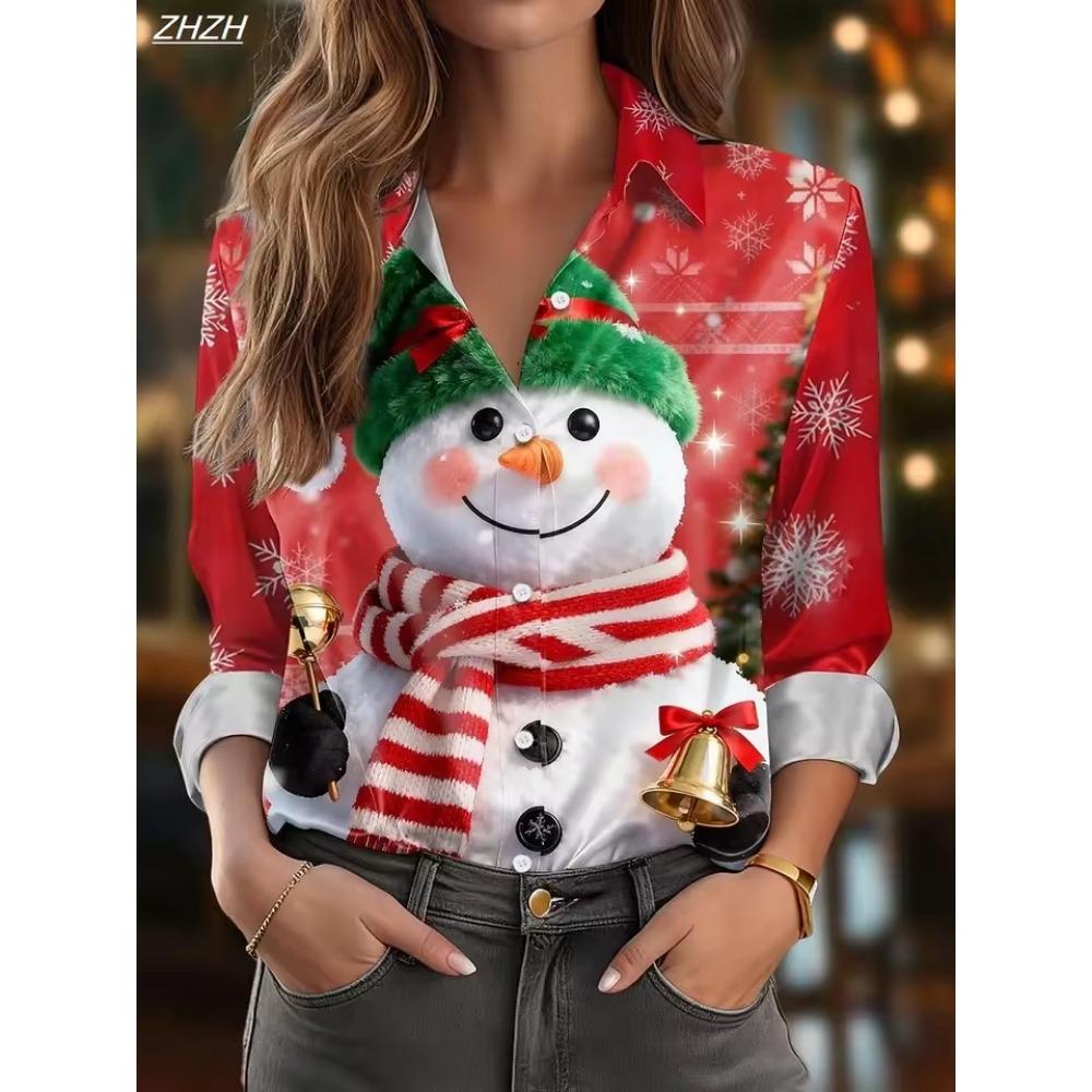 Women's Santa Claus Print Blouse, Elegant Long Sleeve Shirt Collar, Vintage Holiday Style, Fall Winter Work Daily Wear