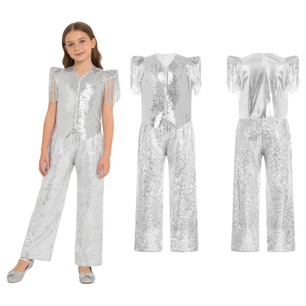 Kids Jazz Dance Costume Set Sequin Embellished Cap Sleeve V Neck Asymmetrical Hem Zip Vest with Elastic Waist Pants for Stage Competition