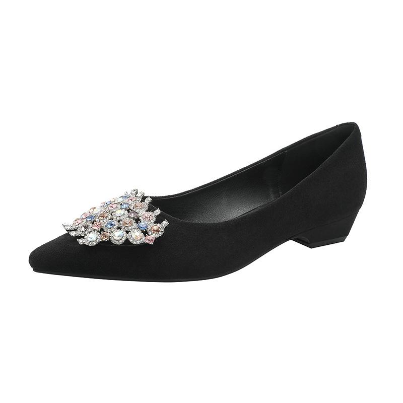 2025 new fashionable colored rhinestone pointed head shallow mouth single shoes women's thick heel soft leather not tired feet comfortable low