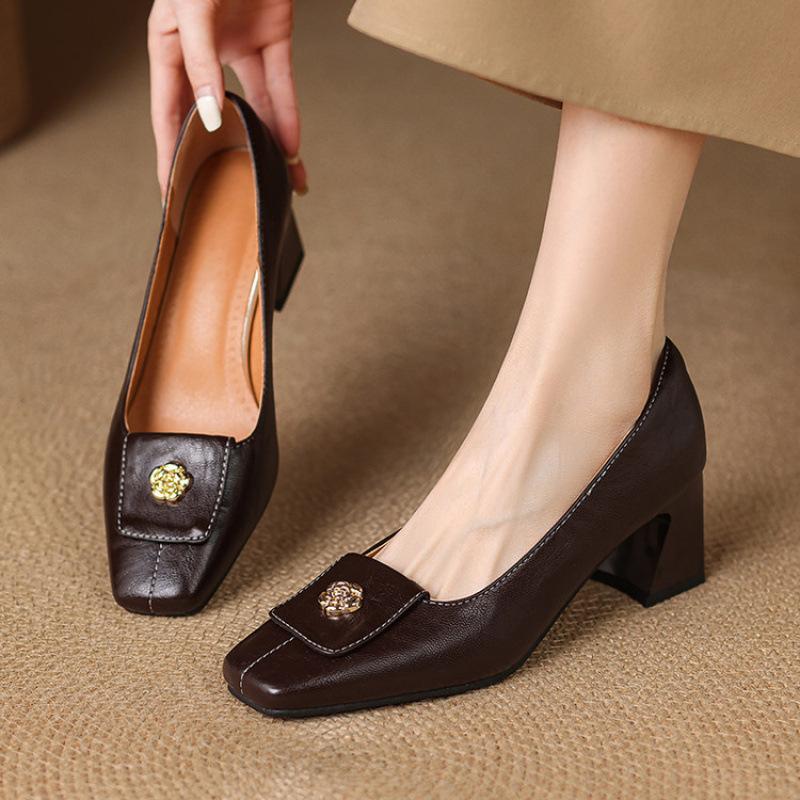 New Women's Fashion Single Shoes Square Head High Heel Small Leather Shoes Casual and Comfortable Rubber Sole Large Size Solid Color Four-season Sing