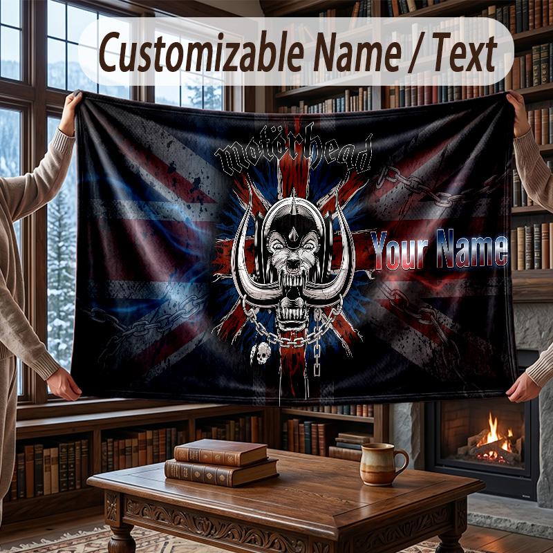Custom Name Flannel Throw Blanket Motorhead Pattern Warm Home Decoration