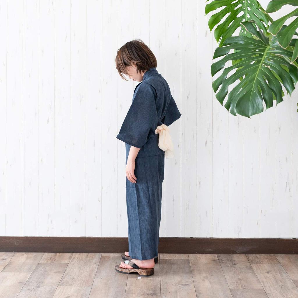 Yukata Cotton Linen Set Heko for Boys Indigo X Heko [KYOETSU] Set, Willow, Fabric, 2-piece (yukata, Obi) (110, G-12 Obi, Off-white)