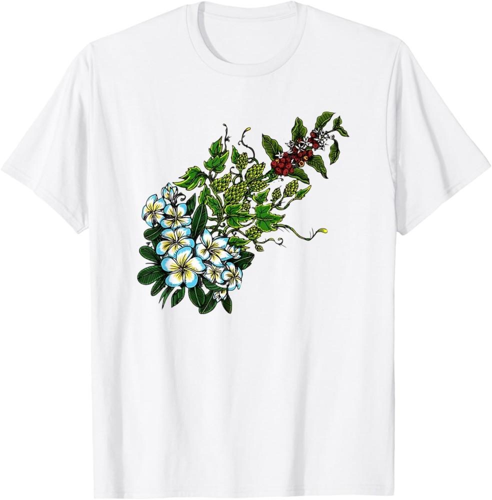 

Tropical Plumeria Blossoms Green Hops Coffee Cherries T-Shirt M