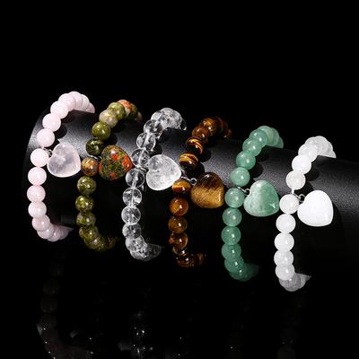 JD Natural Pink Quartz Yellow Tiger Eye Unakite Heart Pendant Beaded Bracelet Women Lovers Elegant Handmade Stretch Healing Gift