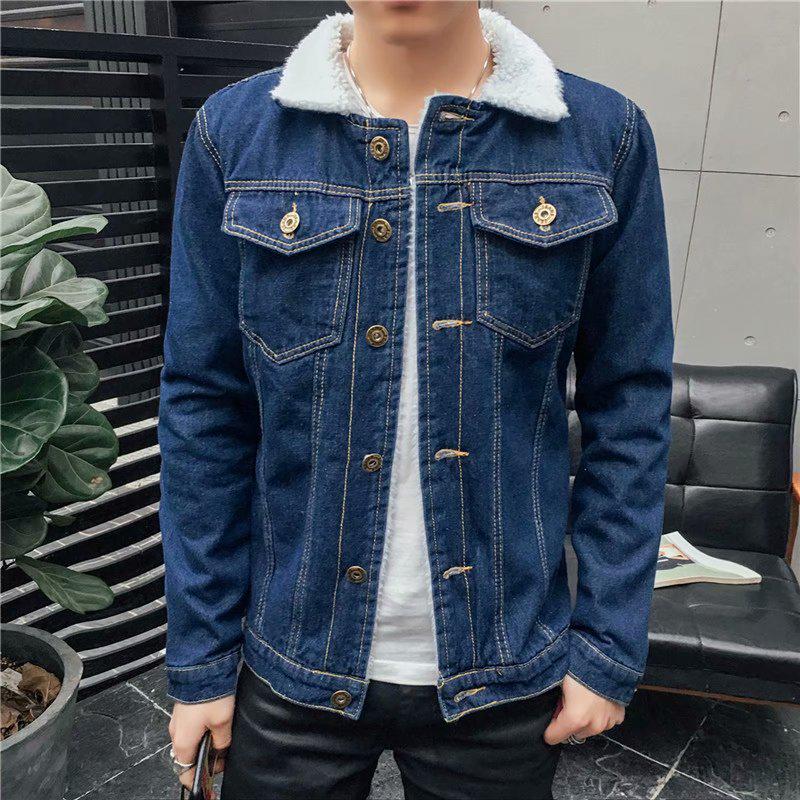 Men's Korean Style Winter Retro Denim Jacket with Thick Lambskin Lining