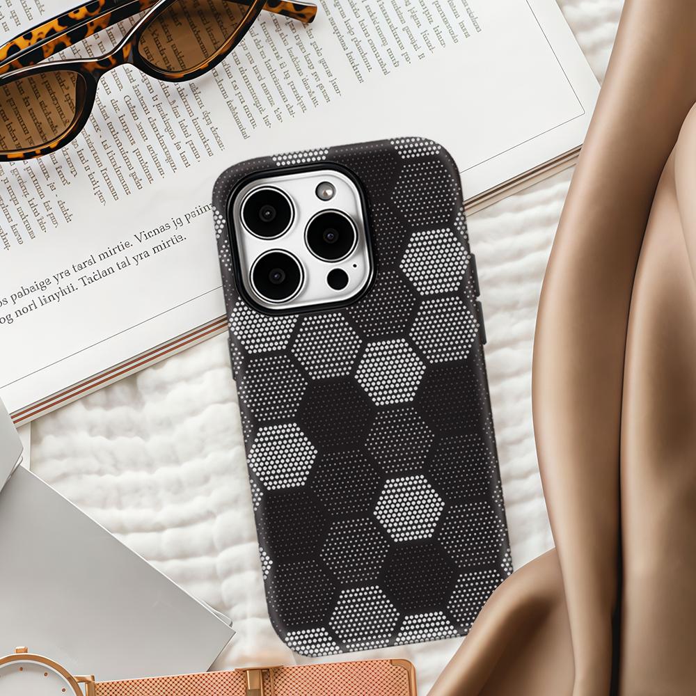 Coque de téléphone hexagonale noire à pois pour iPhone 17 16 15 14 13 Pro Max Plus pour coque rigide magnétique à une ou deux couches