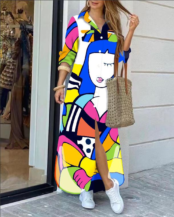 Fashion Long Sleeve Print Women Loose Fit Casual Maxi Dress