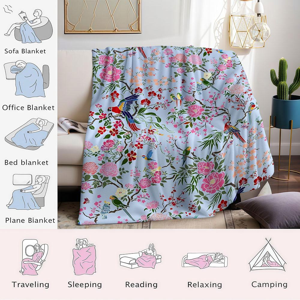 Chinoiserie Floral Parrot Printed Blanket Suitable for Sofas Beds Offices Travel Camping Chairs Warm Plush Blanket