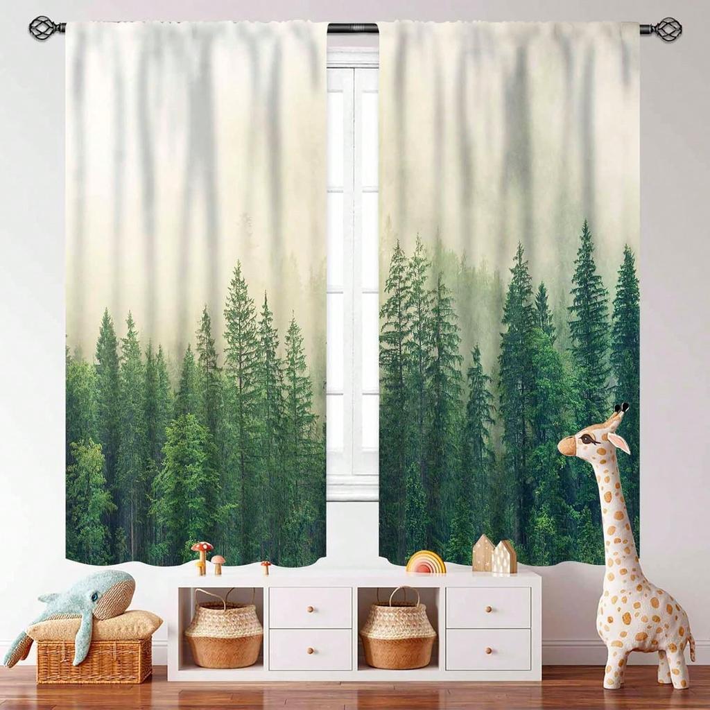 Green Forest Curtains  Misty Forest Nature Landscape Curtains Woodland Pine Tree Scene Mountain Window Drapes For Living Room Bed