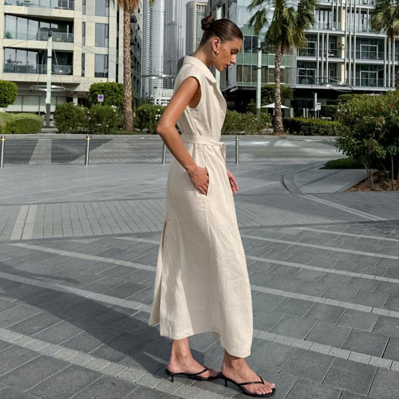 LYRIA French Style Suit Collar Belt Office Dress Fashion New Long Dress