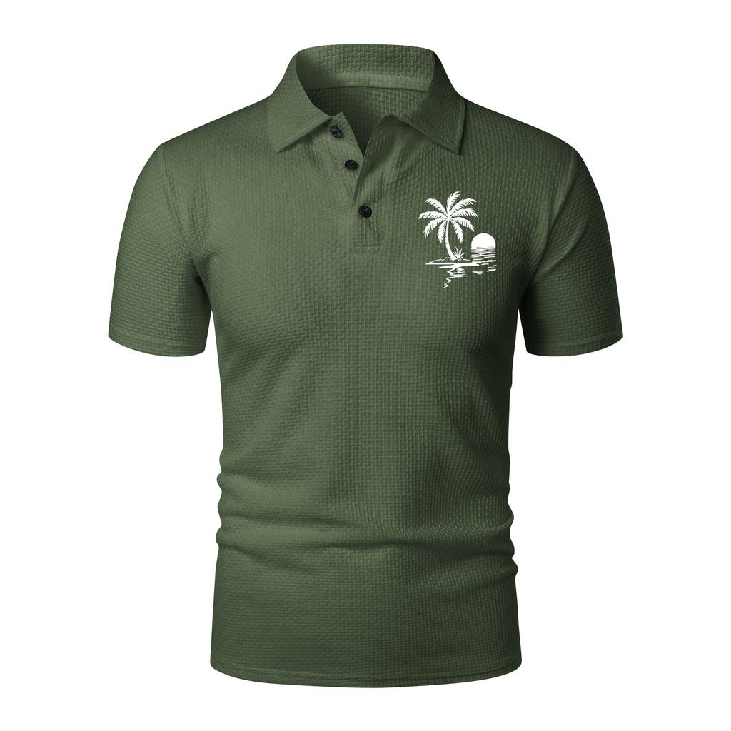 Men Short Sleeve Polo Shirt with Turn Down Collar and Printed Pattern Lightweight Breathable Casual Summer Top