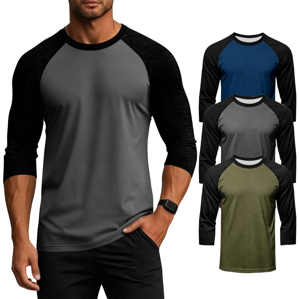 Men's Colorblock Raglan Sleeve Athletic Shirt Three Piece Set Lightweight Stretchy Sport Top for Training Running Casual Wear