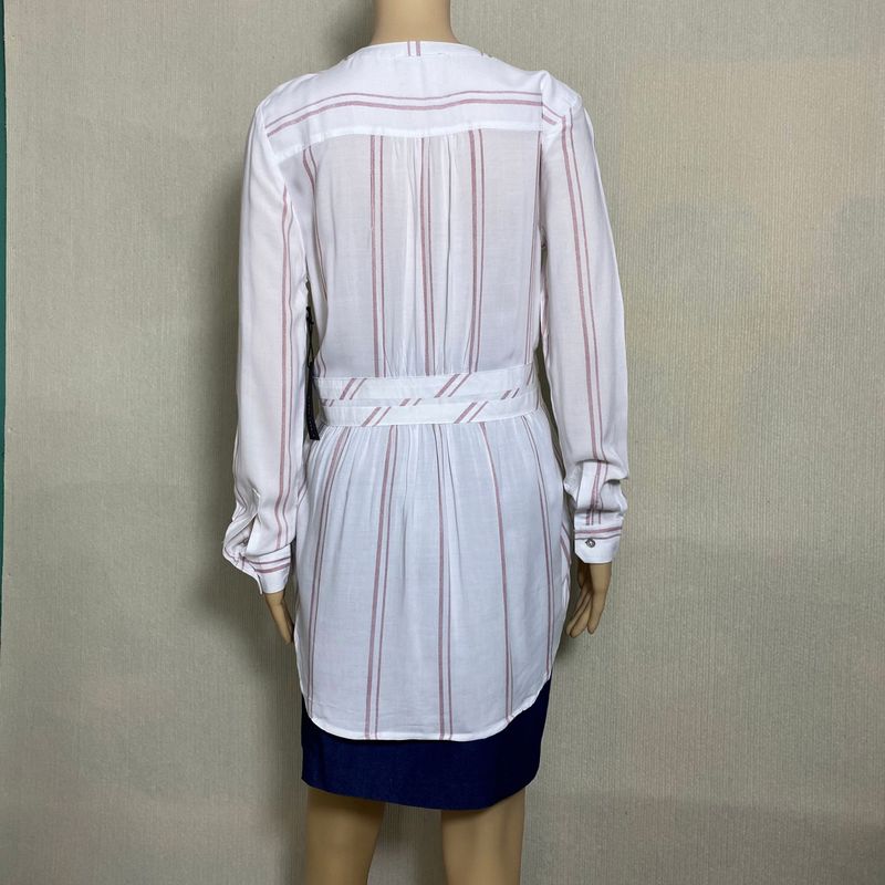 Export Fashion Original Single Rayon V Neck Stripes Half Open Long Sleeves Pullover Shirt Women's Shoelace Waist-Tight Mid Length Long Length